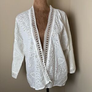 NWT Michael Stars Gardina Wrap Womens Shirt White Eyelet Prairie Cottage Boho